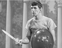 Actor Leonard Nimoy with short sword and small shield or buckler.