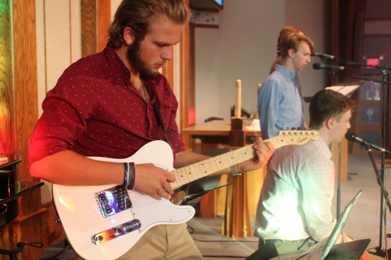 Photo of students playing in a Chapel worship band